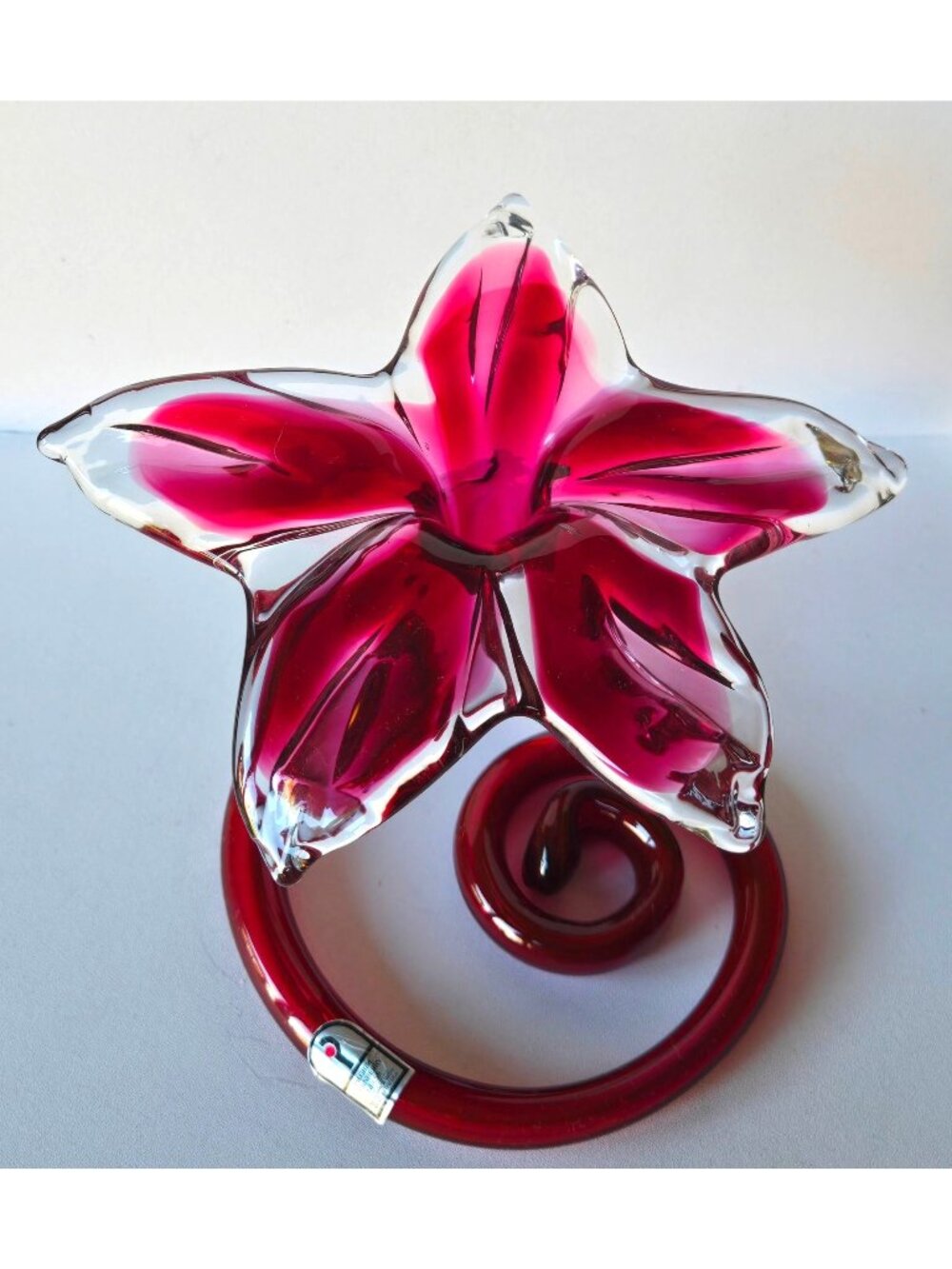 Large Cranberry & Clear Pilgrim Glass Vase Flower Shaped Coil Sculpture, USA